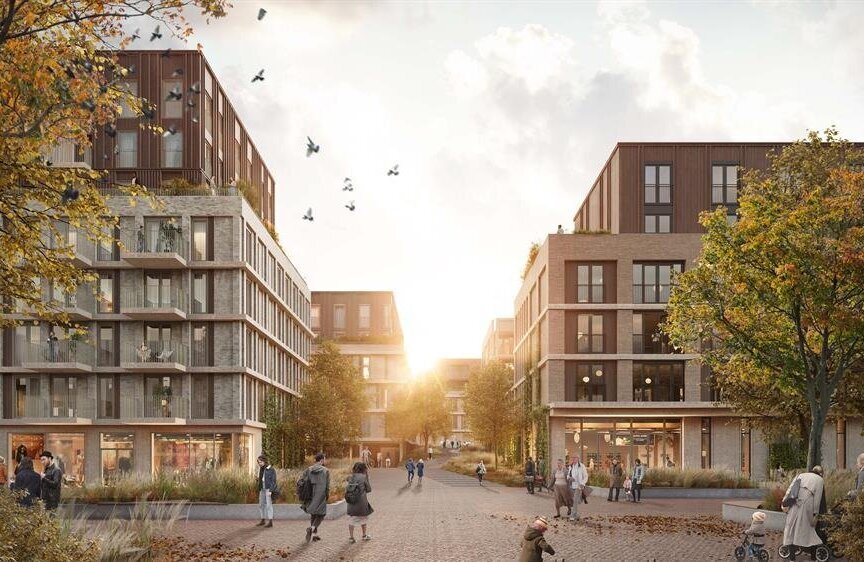 Sfeerimpressie woningen en supermarkt BuitenStad